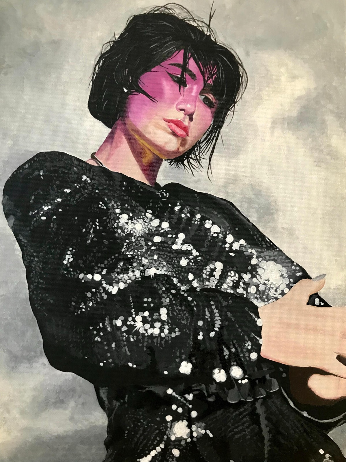 Painting of the artist BENEE in a sequined jacket