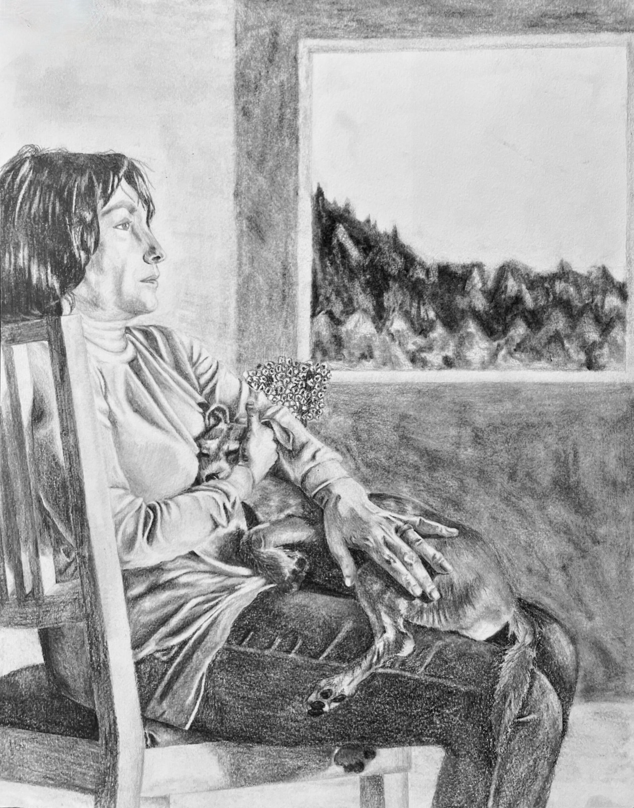 Mother and Yuca, graphite and charcoal drawing of a woman seated with a fawn