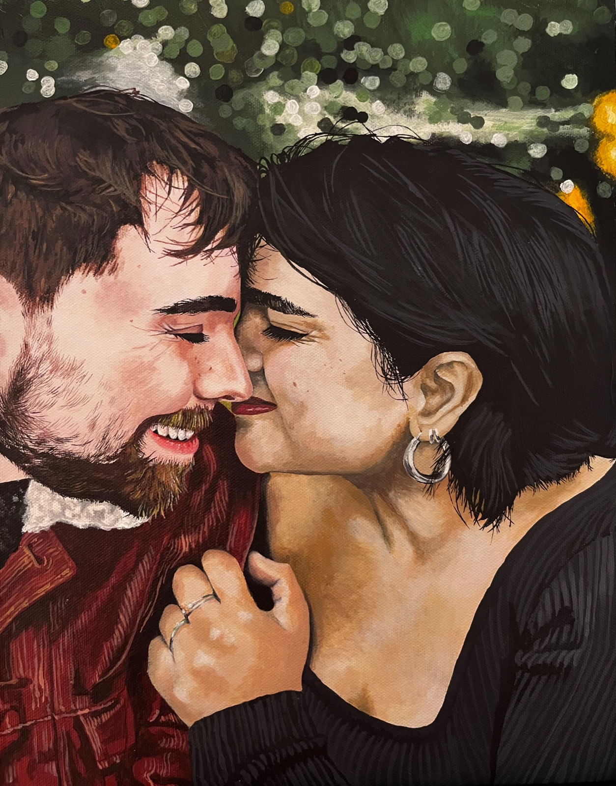 Newlyweds, acrylic painting of a couple embracing