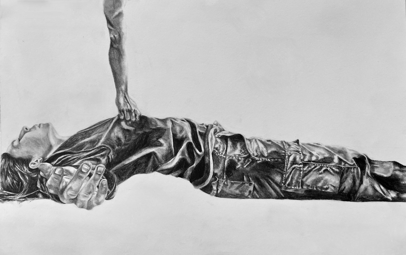 Self Portrait: Take Me Away, graphite drawing of a figure lying down being pulled by an arm