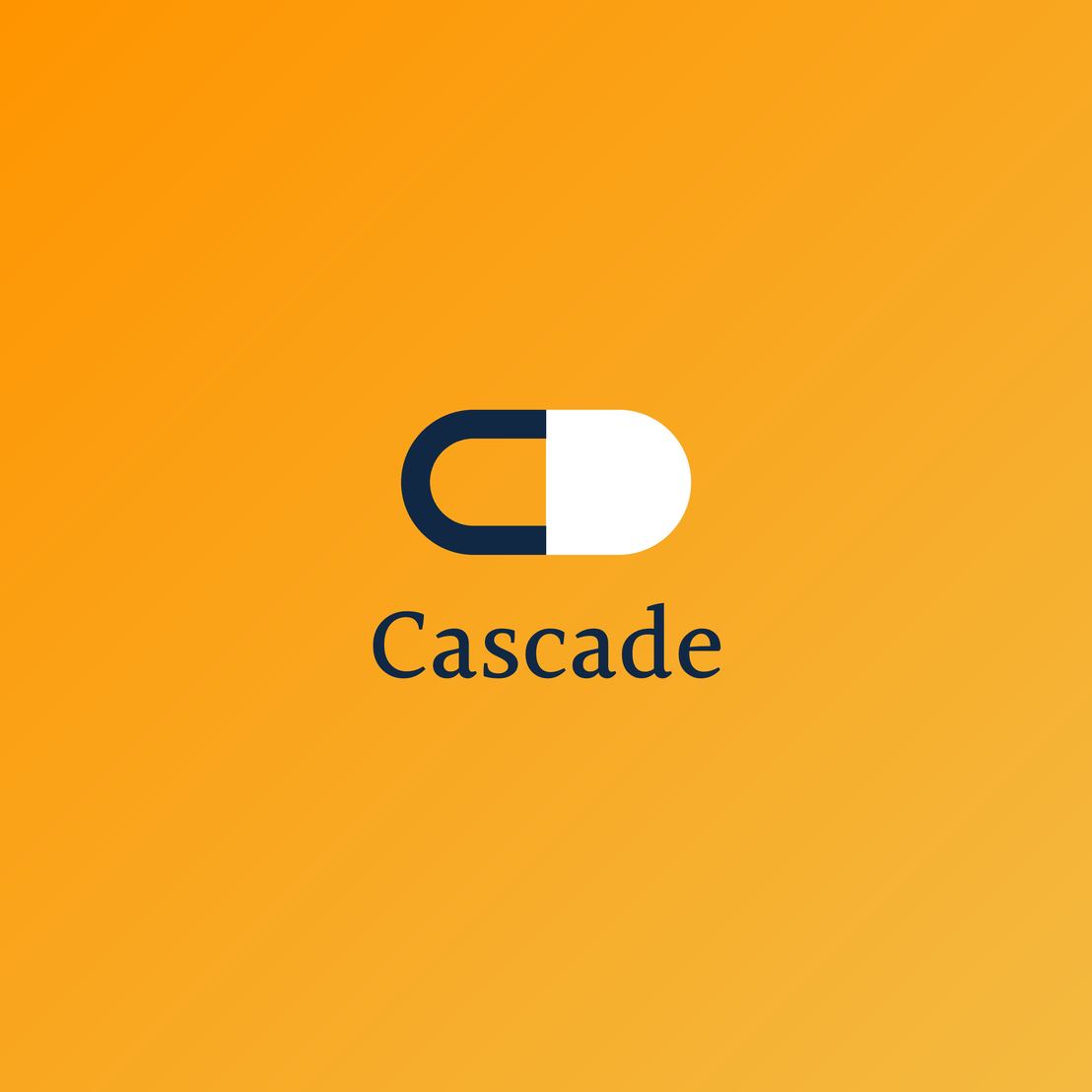 Cascade logo: a navy and white pill icon above the name Cascade, on an orange background
