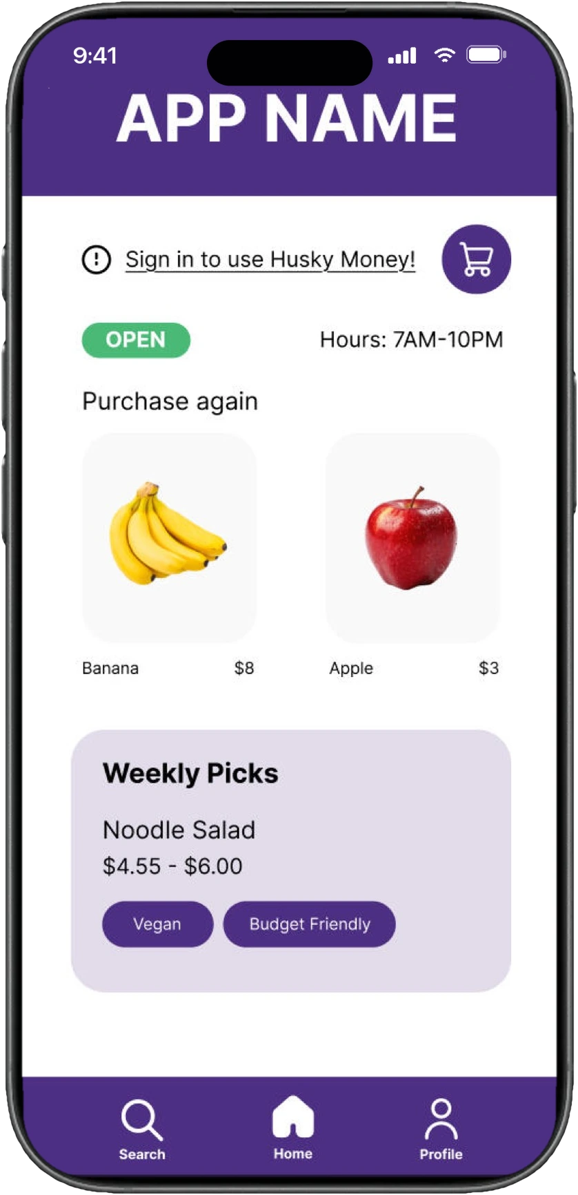 The original mobile District Market title page shown on an iPhone: a purple header reading App Name, a purchase again row with a banana and an apple, a weekly picks card, and a purple navigation bar