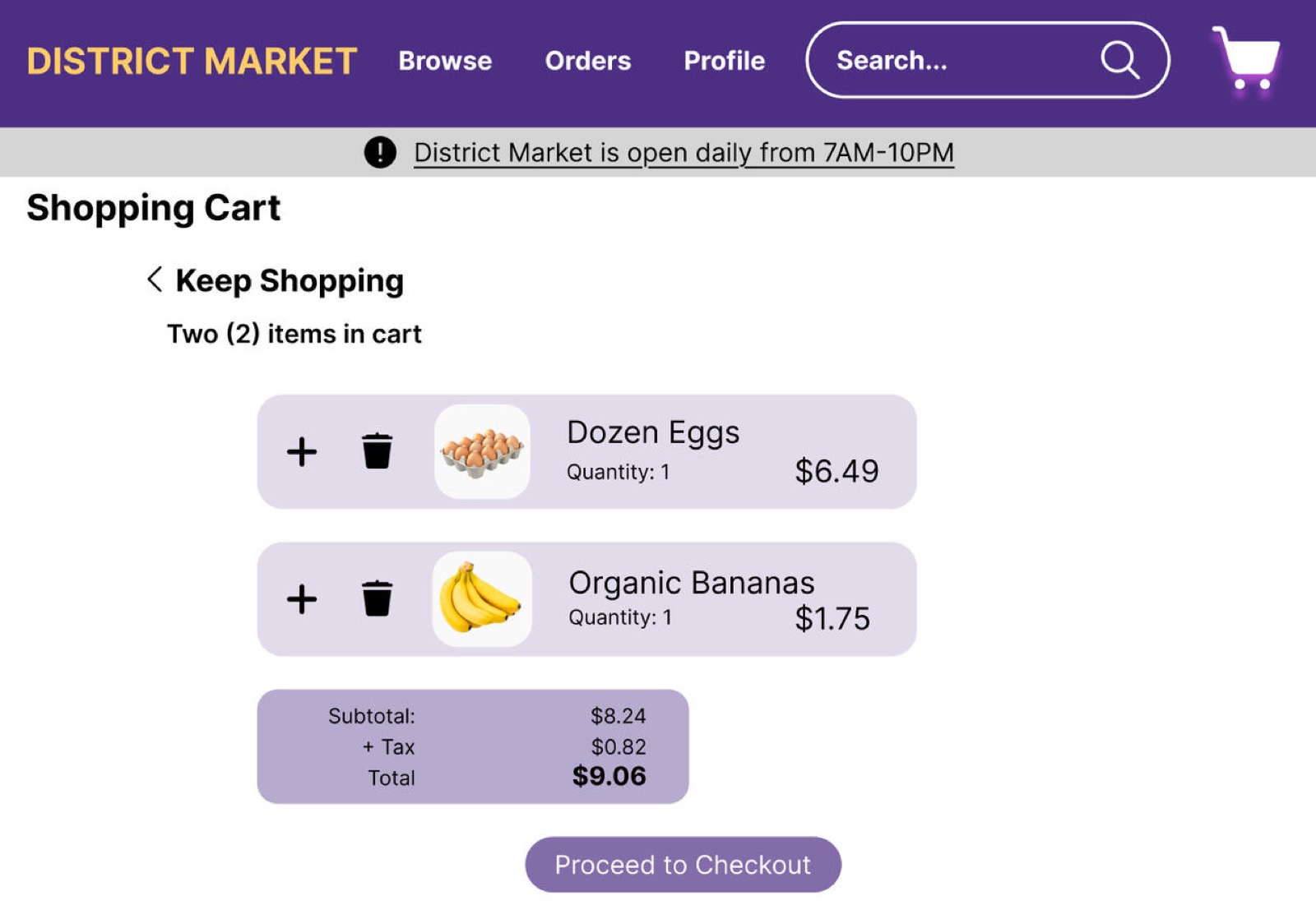 Cart view in the original desktop prototype