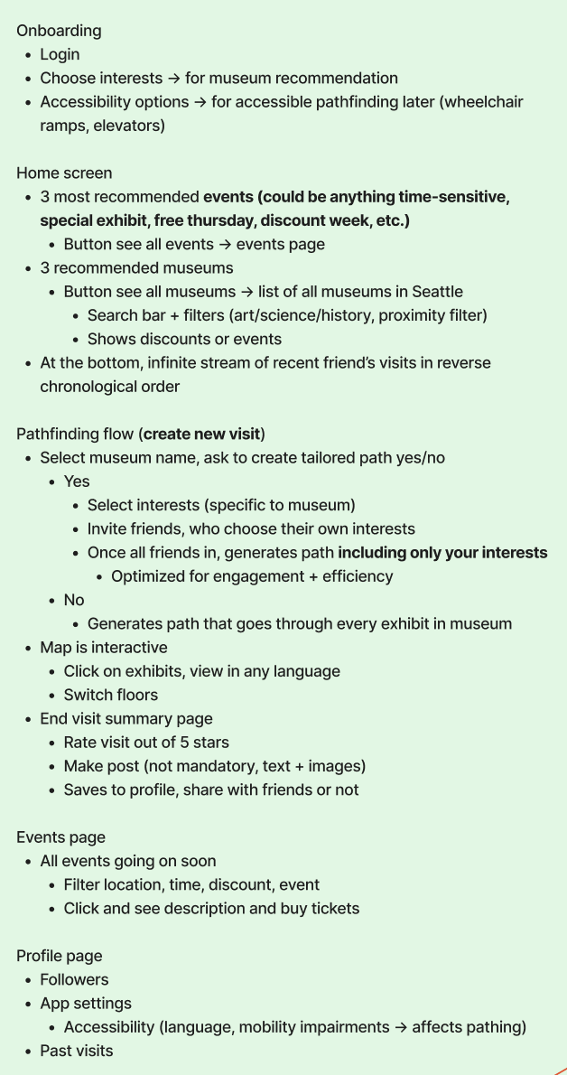 Outline of app features and flows: onboarding, home screen, pathfinding flow for creating a visit, events page, and profile page