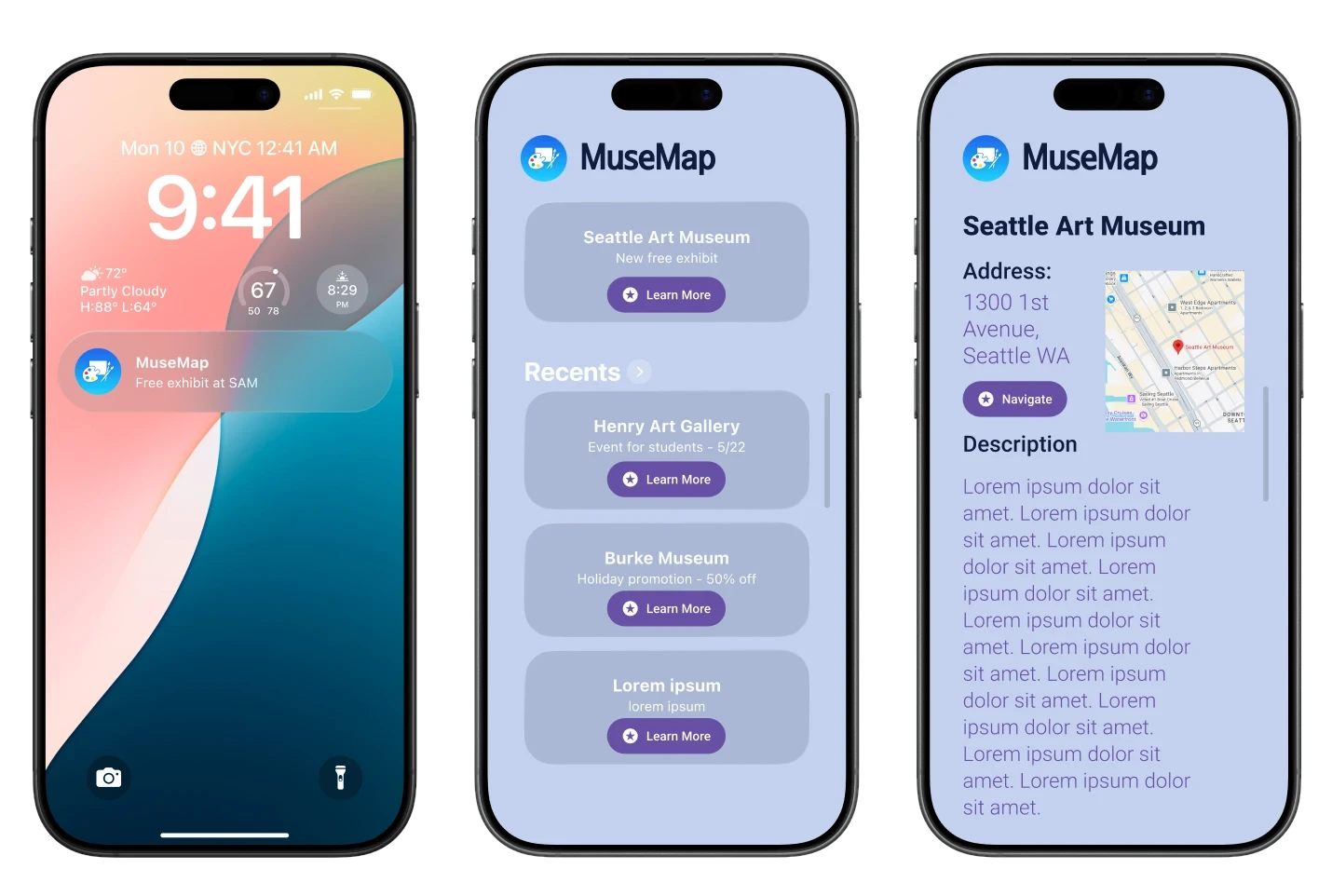 First design iteration of Musemap showing a lock screen notification for a free exhibit, a home feed of nearby museum events, and a museum detail page with address, map, and description