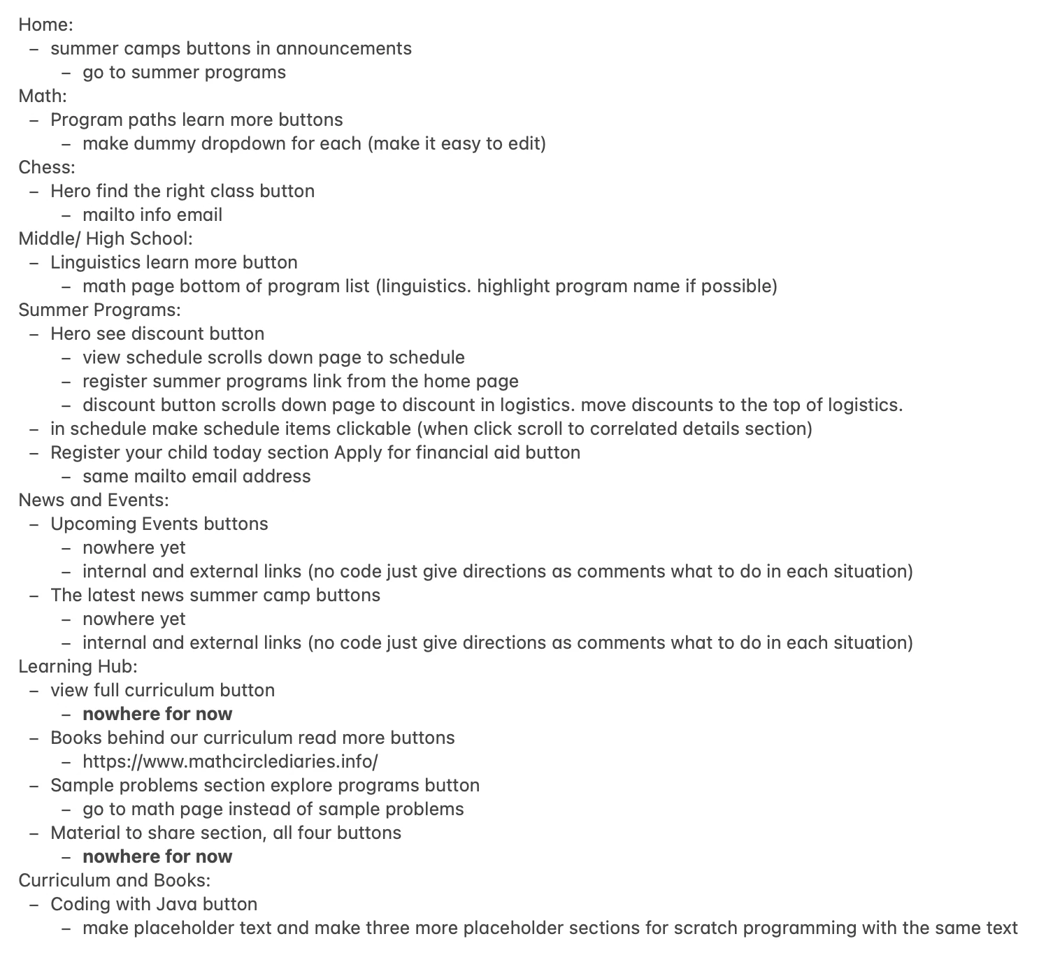 Notes listing where each button on the Prime Factor site should link, organized by page: Home, Math, Chess, Middle/High School, Summer Programs, News and Events, Learning Hub, and Curriculum and Books