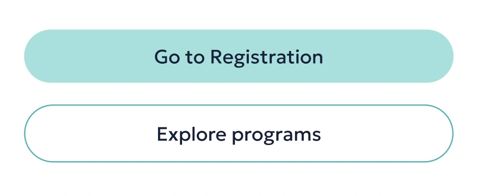 Summer programs page, mobile: a full-width filled mint Go to Registration button above a full-width outlined Explore programs button