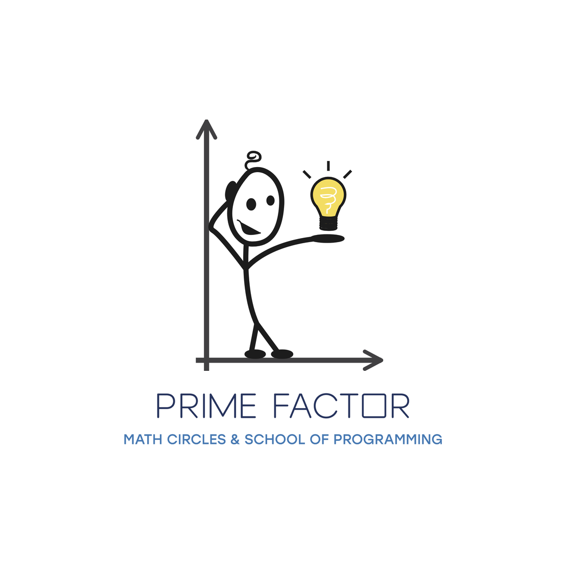 Prime Factor Math Circles logo: a stick figure holding a lightbulb next to a coordinate axis, with the wordmark Prime Factor and the tagline Math Circles & School of Programming