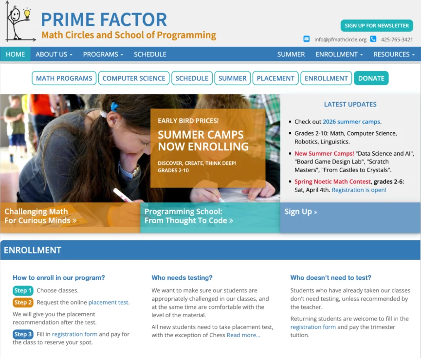 The original Prime Factor home page, showing the header, navigation, summer camps banner, latest updates, and the enrollment section