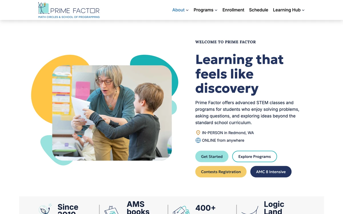 The new Prime Factor home page at desktop size: logo and full navigation bar across the top, with the hero photo on the left and the headline, description, and buttons on the right
