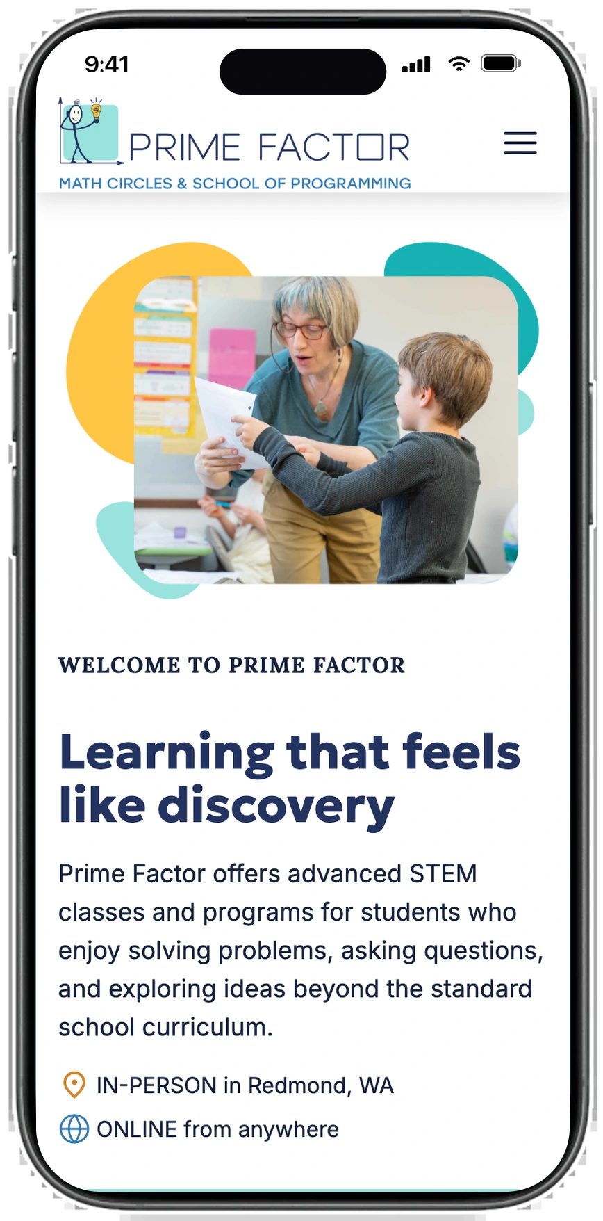 The new Prime Factor home page at mobile size: logo and menu button across the top, with the hero photo, headline, description, and buttons stacked in a single column