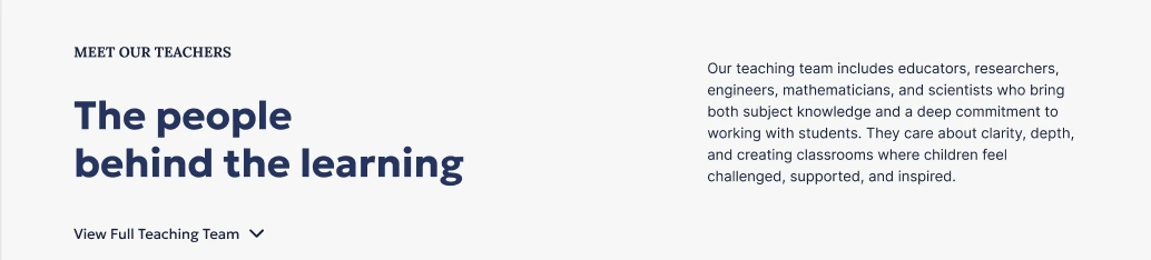 The Meet Our Teachers section header: the paragraph sits at a different horizontal position than in the Our Values header, with a View Full Teaching Team link below the heading